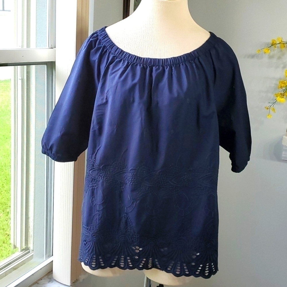 TALBOTS BLOUSE, Size large.  Enbroidery and little cut out at bottom. Boat neck.